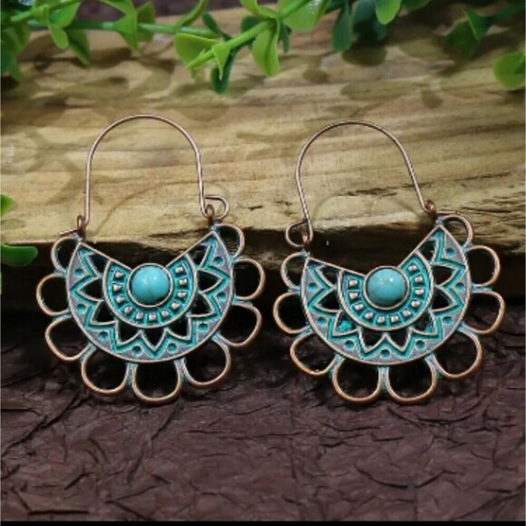 BRONZE turquoise boho engraved earrings bundle hammered stencil - Picture 4 of 5